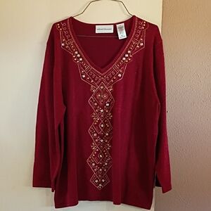 Alfred Dunner Red Embellished Long Sleeve Top